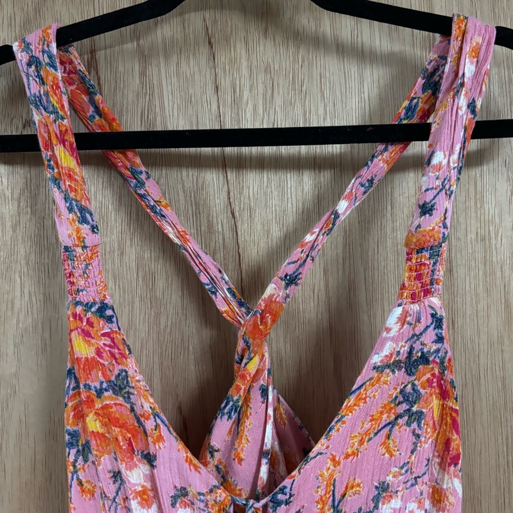 FREE PEOPLE Floral MINI DRESS with Tassels! Flirty Girly Boho Smocked Coral Pink - Picture 4 of 7